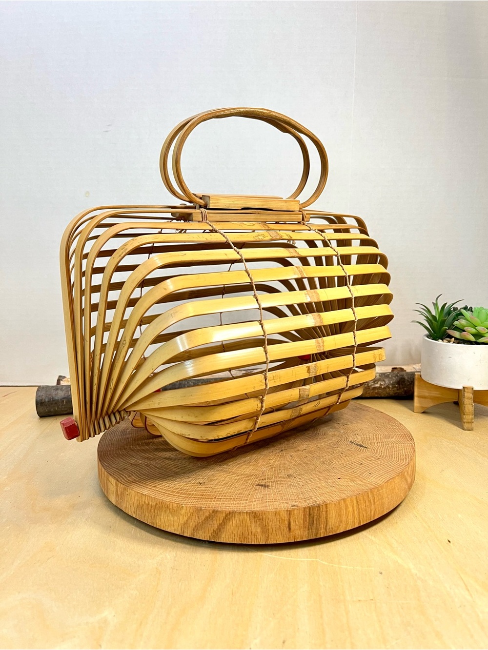 Vintage Japan Bamboo Folding Purse Handbag or Basket